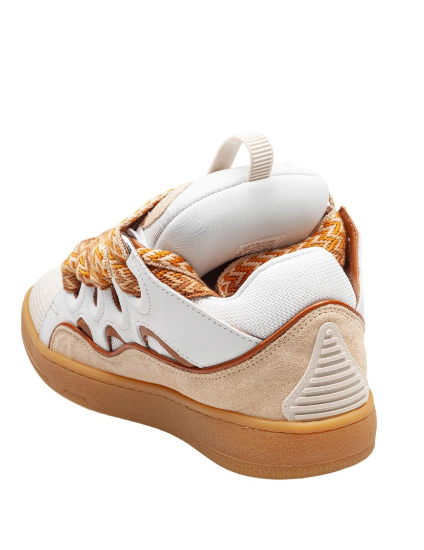 Lanvin White/Honey Curb Leather And Fabric Sneakers