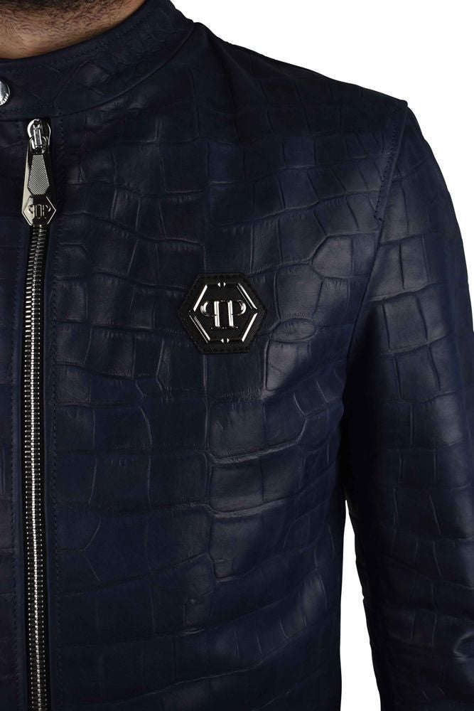 Philipp Plein Croc-Embossed Leather Biker Jacket With Silver Hardware