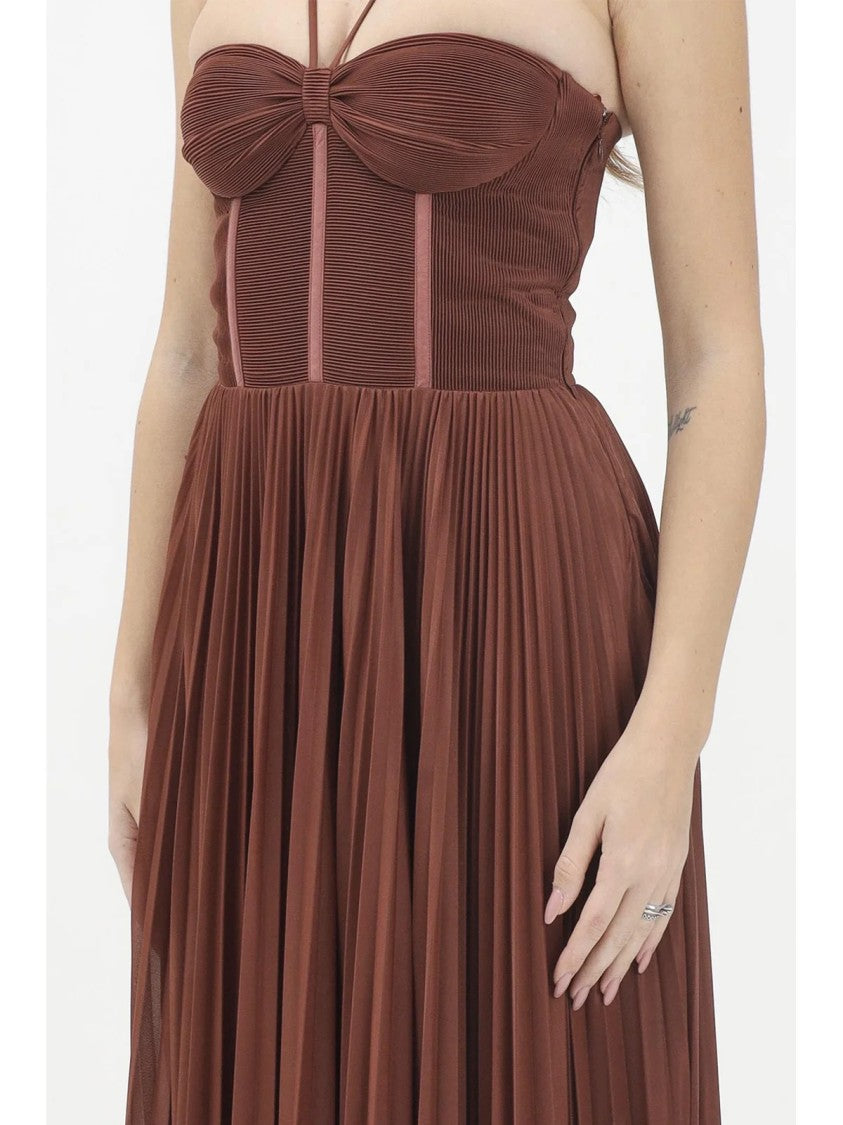 Pinko Brown Cicogna Polyester Pleated Maxi Dress