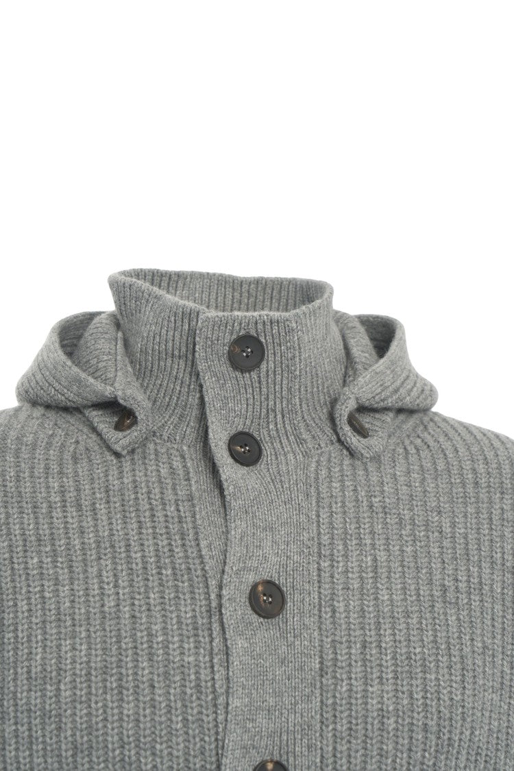 Gender Ribbed Knit Cardigan With Hood And Button Closure