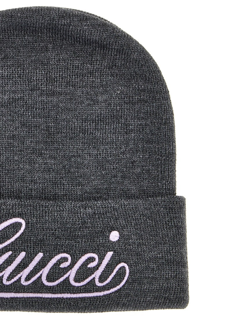 Gucci Wool Beanie With Front Embroidered Logo In Pastel Purple
