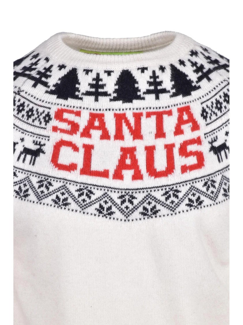 Mc2 Saint Barth White Festive Knit Pattern Wool-Blend Crewneck Sweater