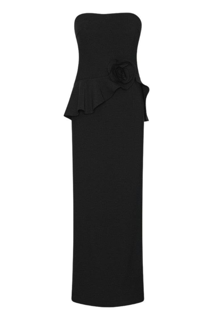 Rotate Black Long Flower Applique Rose Strapless Midi Dress