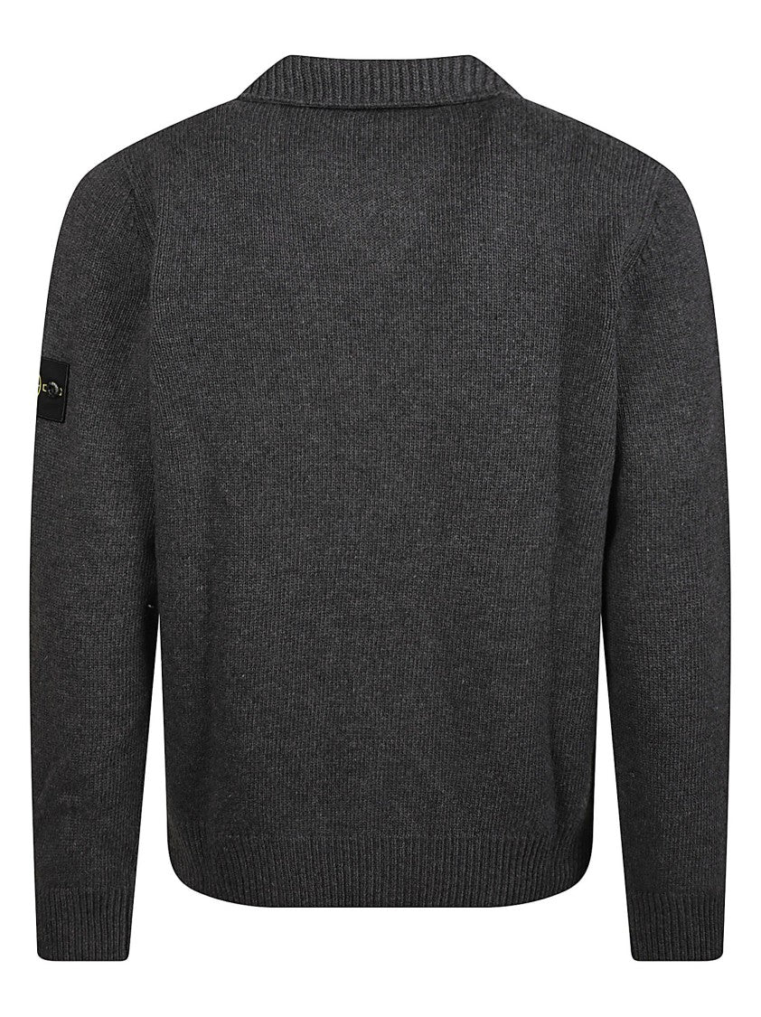 Stone Island Rws Dark Grey Ribbed Virgin Wool Cardigan