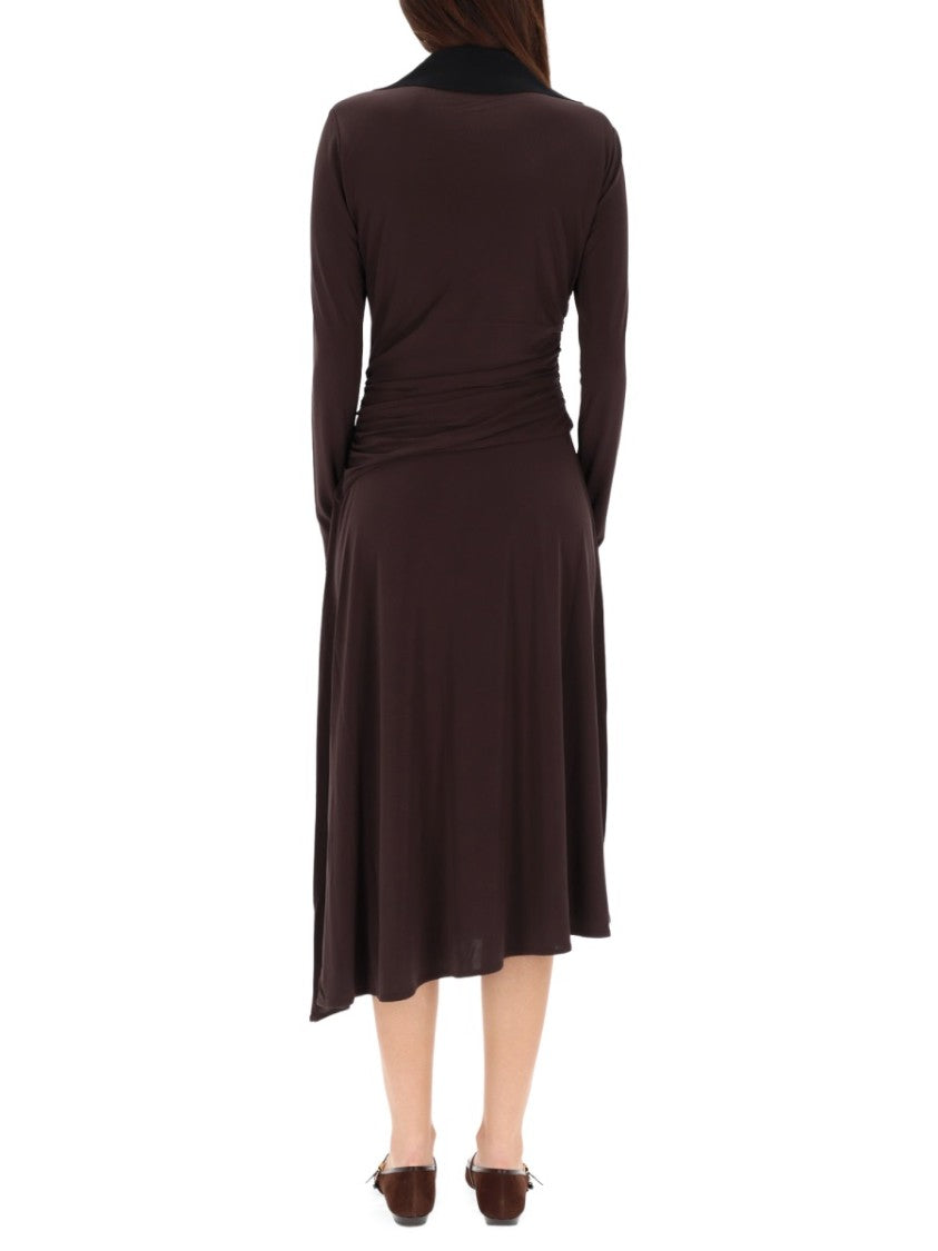 Tory Burch Ruched Midi Dress With Deep V-Neckline