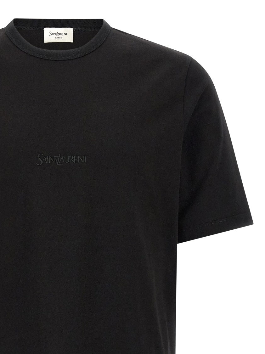Saint Laurent Black Cotton T-Shirt With Tone-On-Tone Embroidery