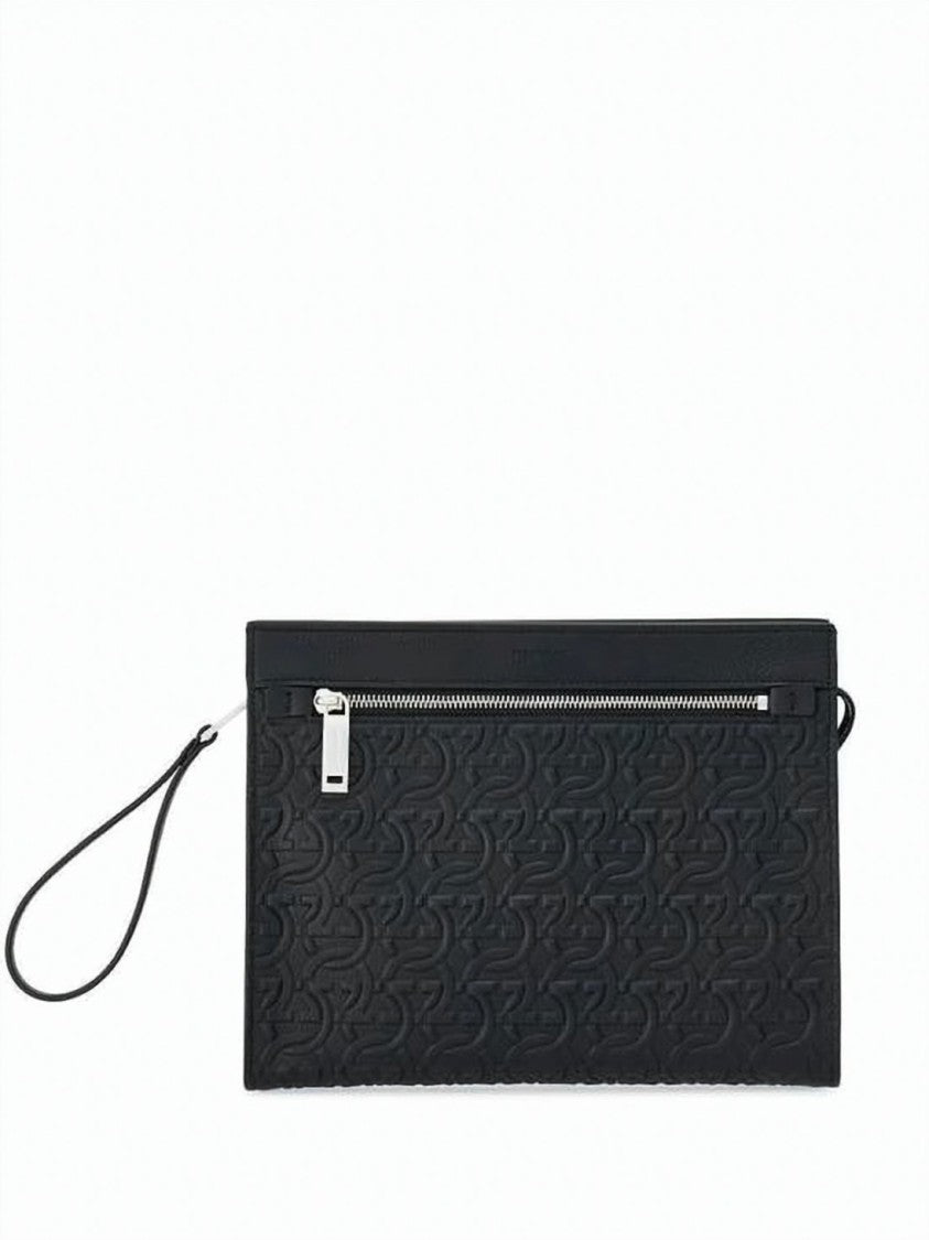 Salvatore Ferragamo Rectangular Calf Leather Clutch With Embossed Surface
