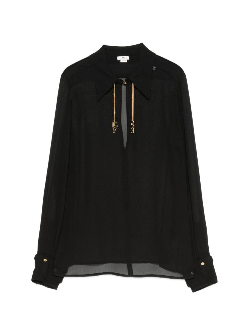 Elisabetta Franchi Sheer Black Classic Collar Blouse