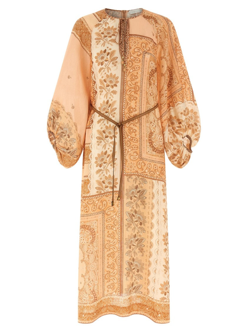 Zimmermann Peach Bandana Print Linen Midi Dress With Adjustable Neckline