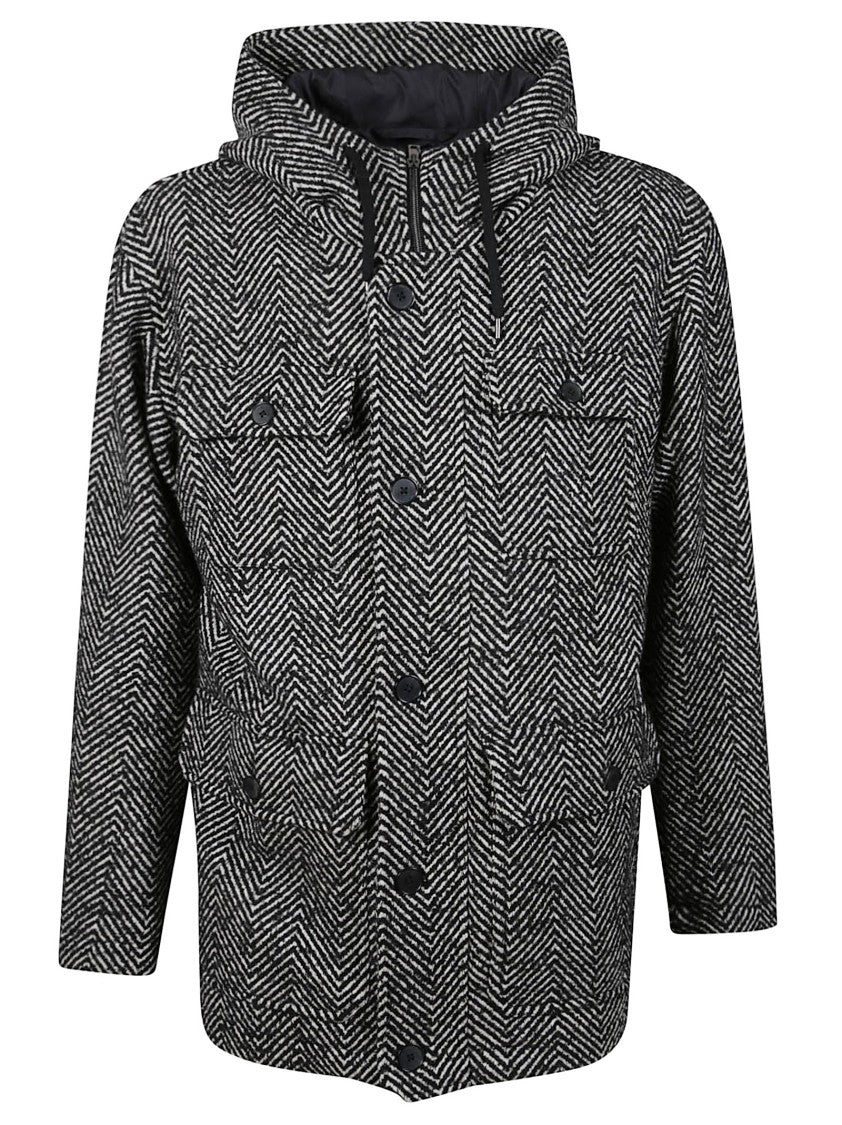 Herno Black Herringbone Pattern Coat With Structured Silhouette