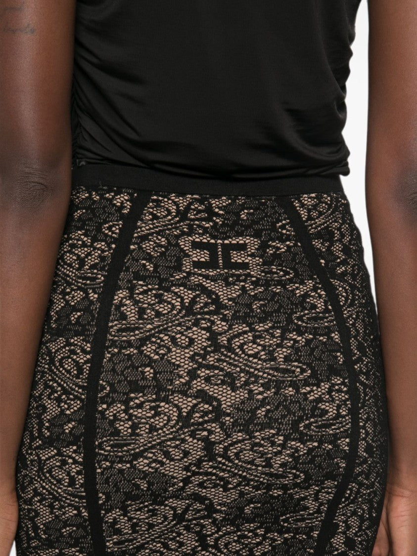 Elisabetta Franchi Black Fitted Lace Floral Midi Skirt