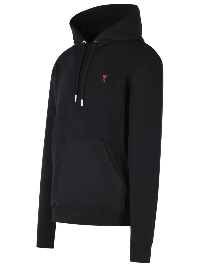 Ami Paris Black Cotton Hoodie With Drawstring And Pouch Pocket