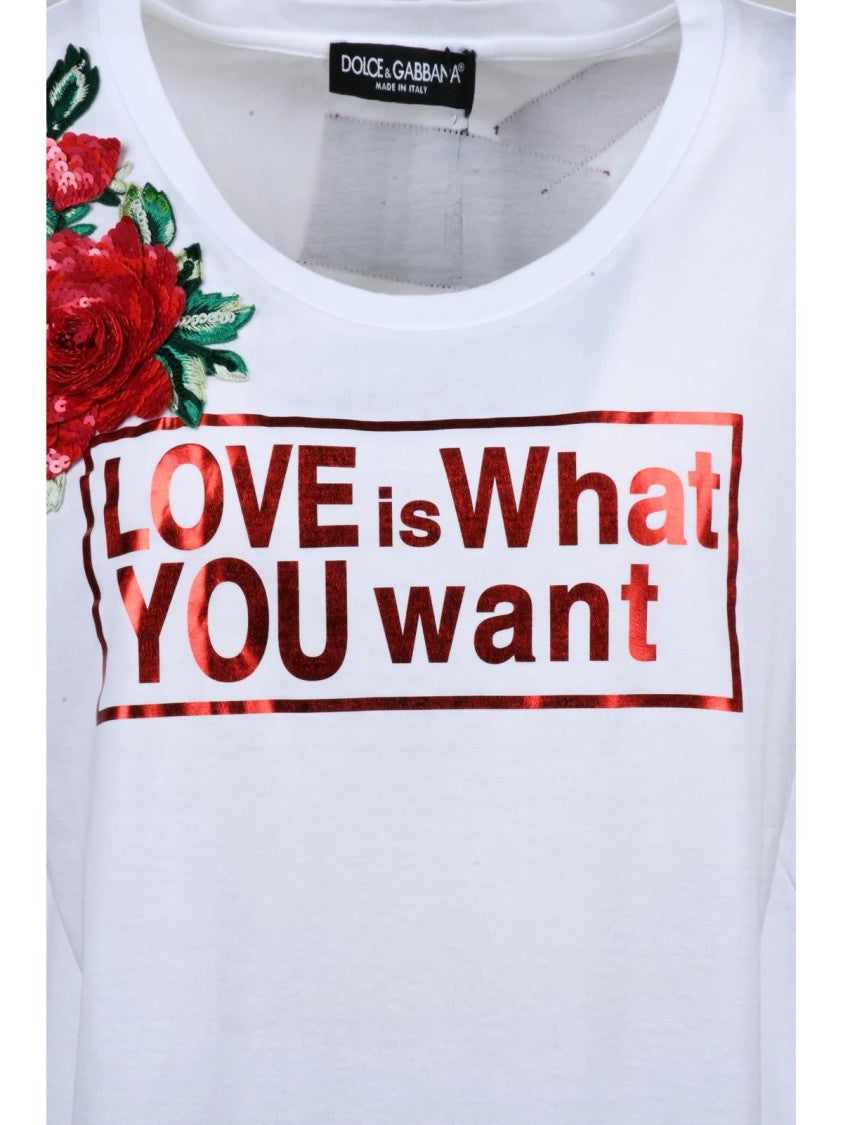 Dolce & Gabbana White Metallic Print Applique Cotton T-Shirt