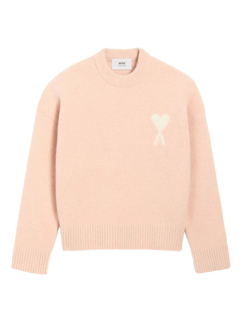 Ami Wool Sweatshirt With Heart Detail And Ribbed Finishing
