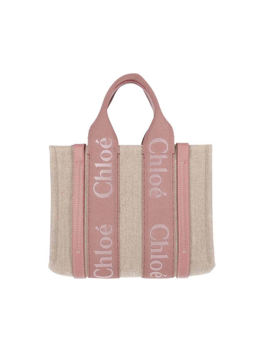 Chloé Beige Woody Linen Logo Tote Bag