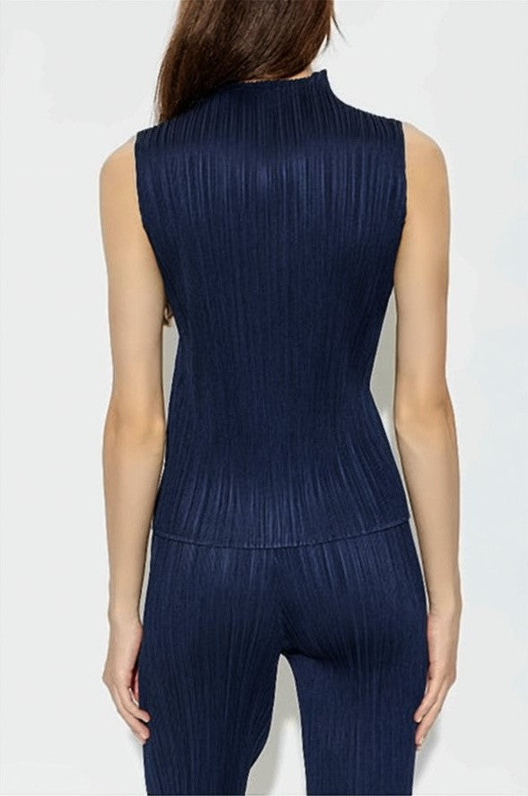 Pleats Please Textured Pleated Sleeveless Top With High Neckline