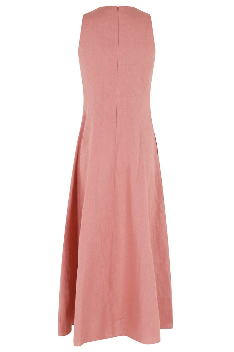 Eleventy Coral Long Sleeveless Round-Neck Linen Maxi Dress