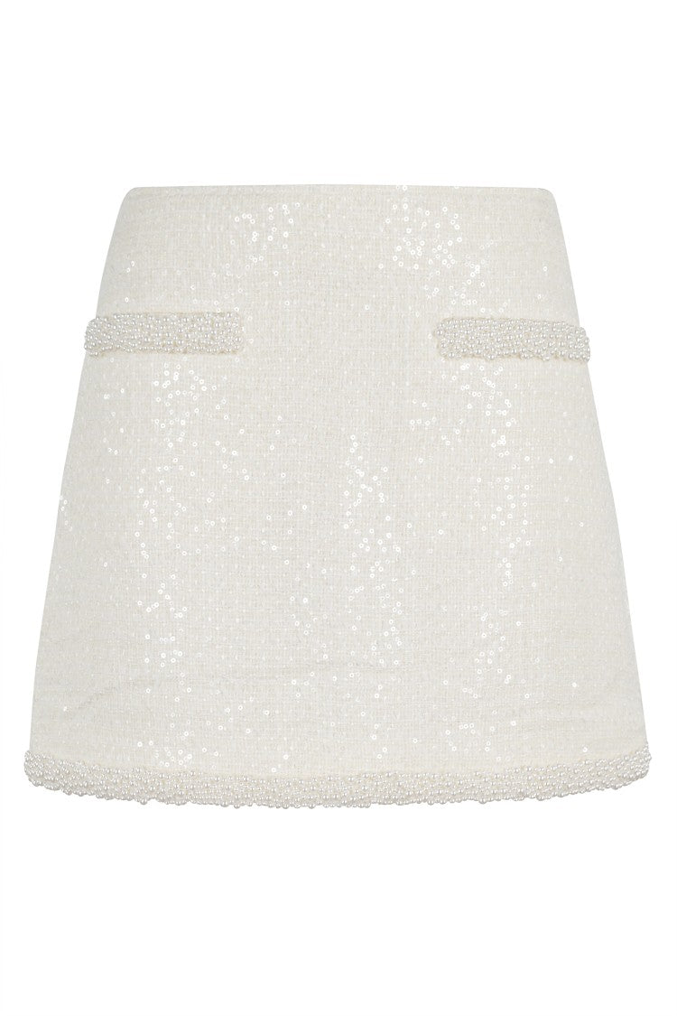 Self-Portrait Cream Boucle Pearl Trim Mini Skirt
