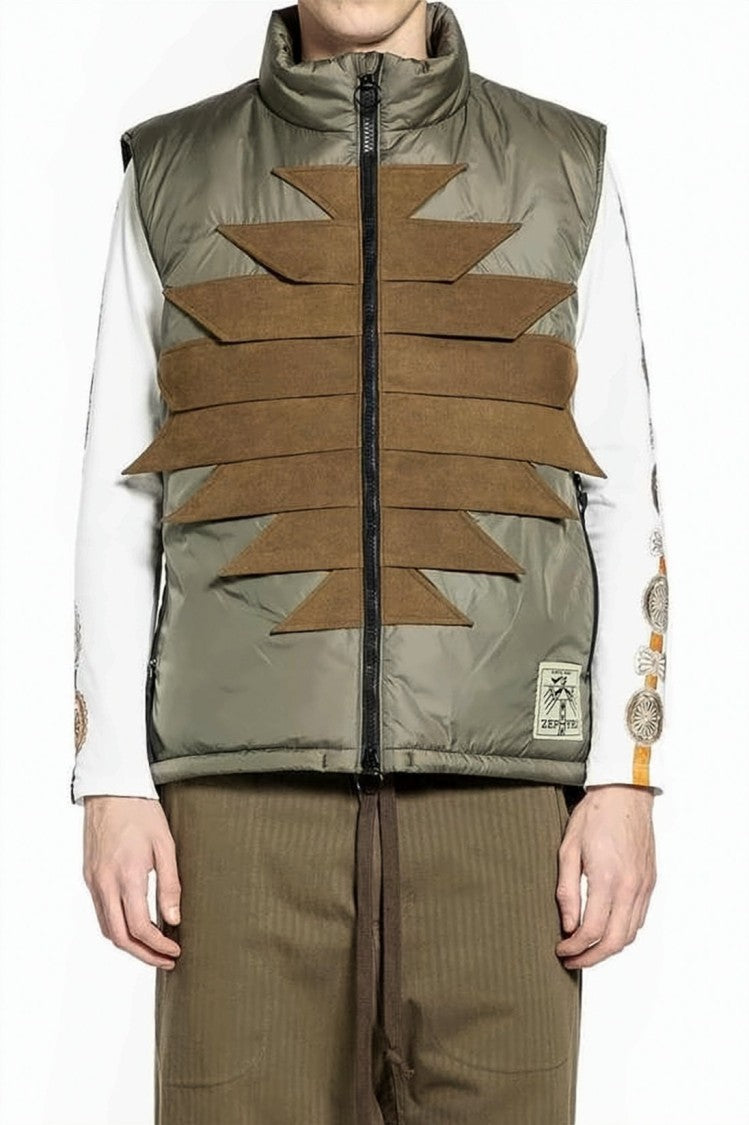 Kapital Geometric Patterned Padded Vest With High Collar