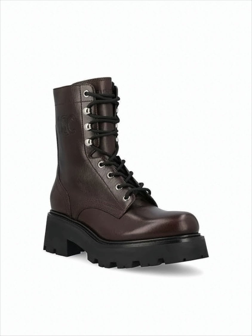 Celine Deep Brown Calf Leather Lace-Up Boots With Rugged Sole