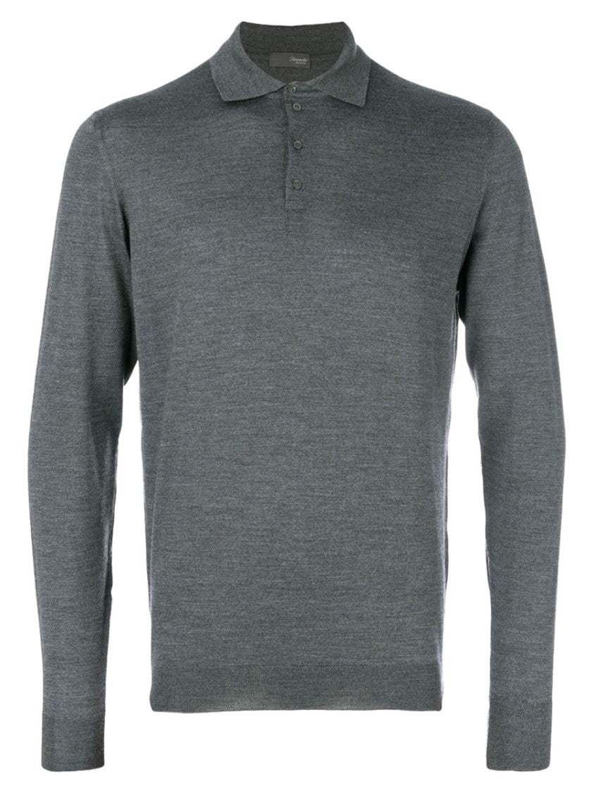 Drumohr Grey Long-Sleeved Merino Wool Polo Shirt