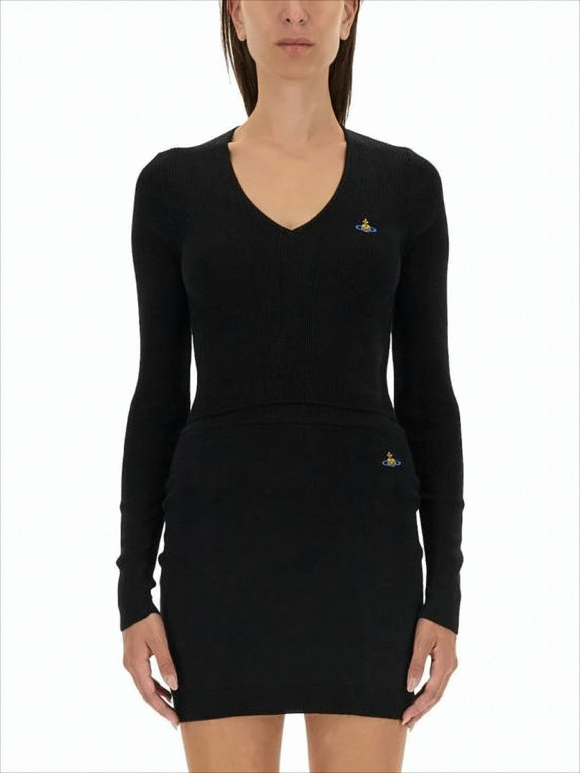 Vivienne Westwood Cropped Black Sweater With Deep V-Neckline