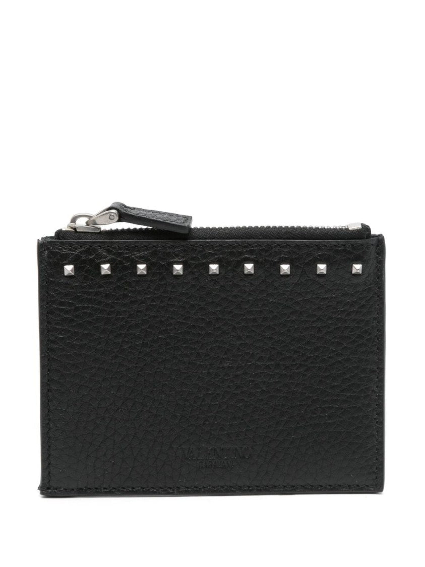 Valentino Garavani Textured Black Wallet With Metallic Studs