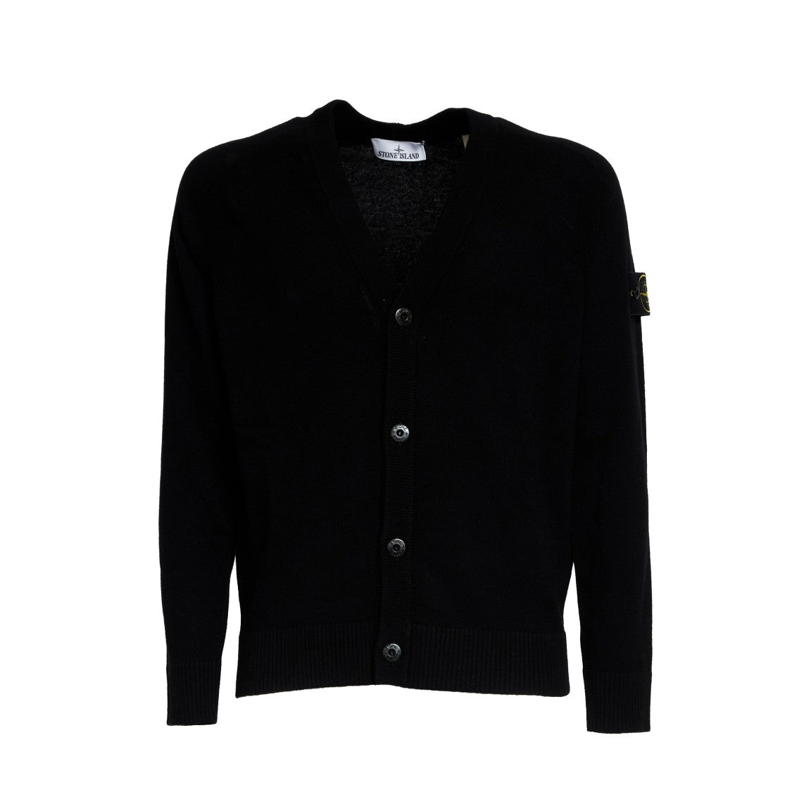 Stone Island V-Neck Black Cardigan In Wool