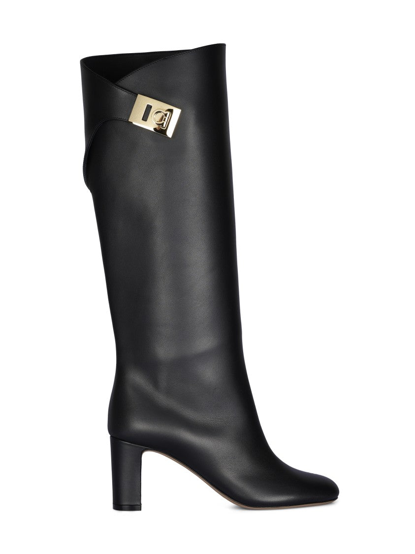 Ferragamo Mid-Calf Leather Boots With Pointed Toe And Gold-Tone Buckle