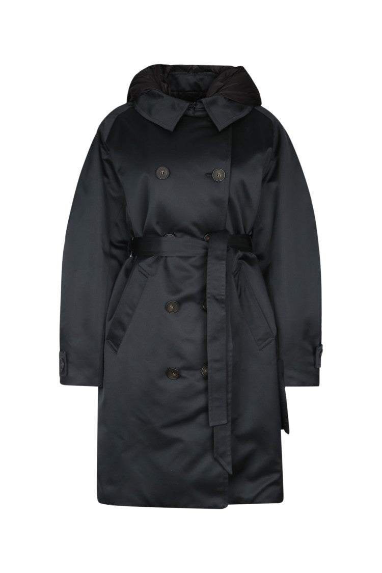 Add Double-Breasted Black Trench Coat With Tailored Waist