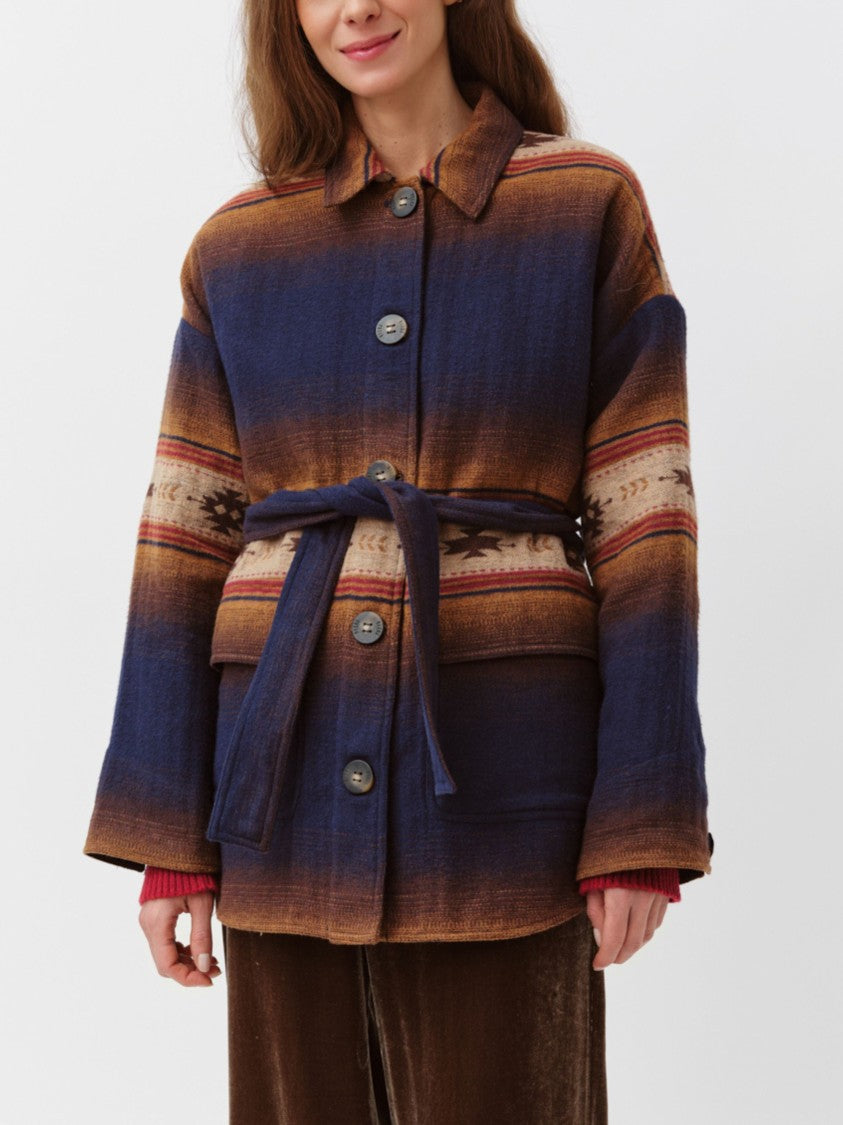 Diega Boxy Silhouette Overshirt With Gradient Stripes And Self-Tie Belt