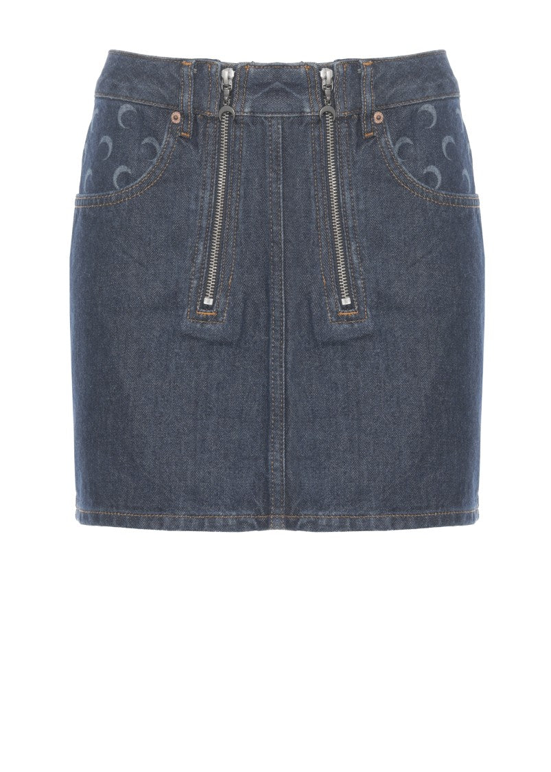 Marine Serre Dark Blue Denim Mini Skirt With Moon Logo Details