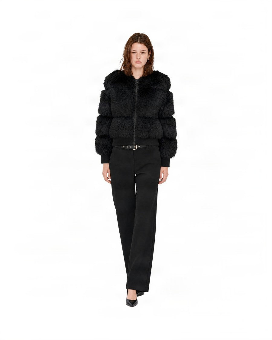 Patrizia Pepe Short Black Faux Fur Stand-Up Collar Jacket
