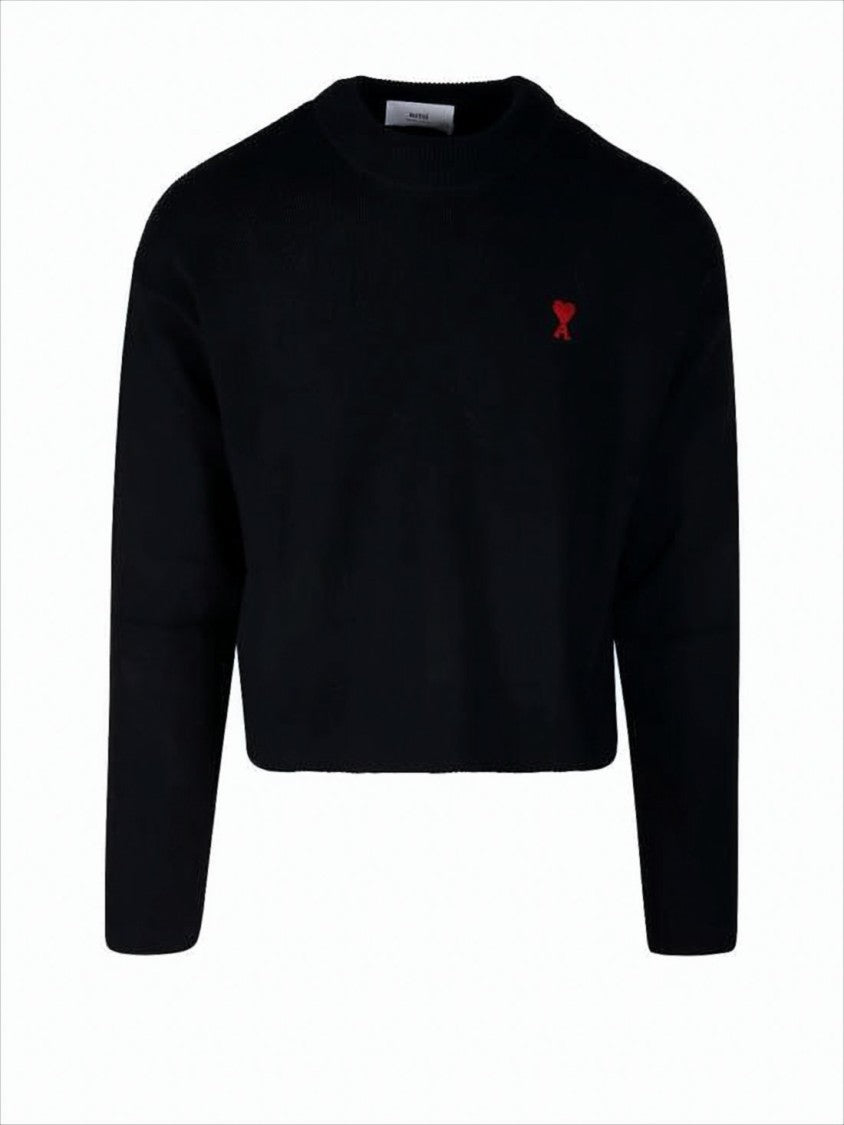 Ami Paris Cropped Black Sweater With Minimalist Design And Iconic Logo