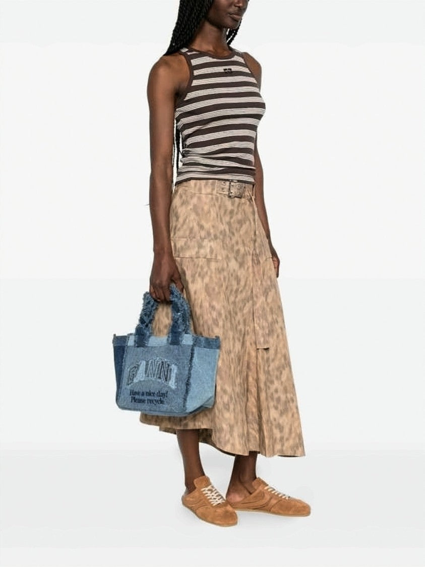 Ganni Patchwork Denim Tote Bag With Frayed Edges