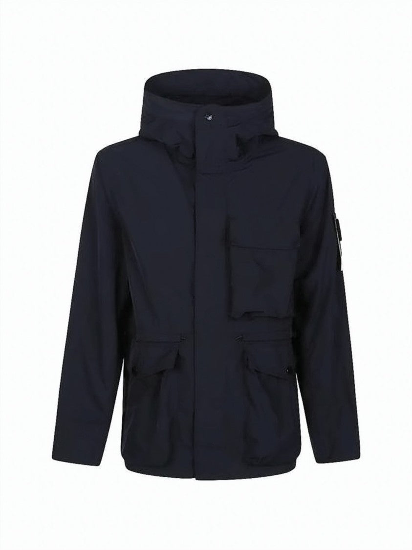 Stone Island Hooded Black Casual Jacket With Functional Pockets