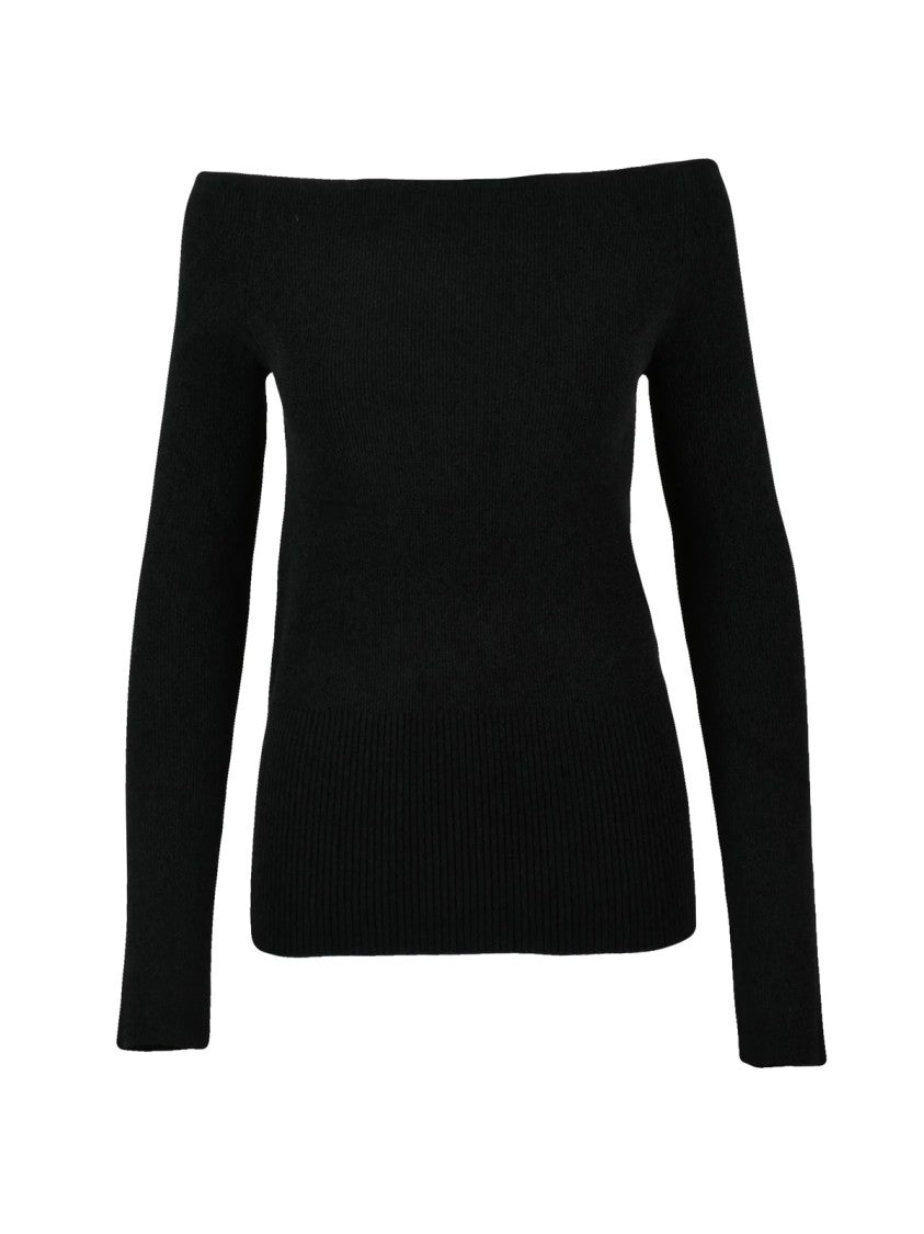 Patrizia Pepe Chenille Black Pullover With Boat Neck Design And Ribbed Detailing