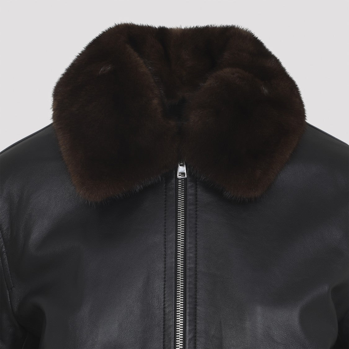 Yves Salomon Leather Jacket With Plush Fur Collar And Ribbed Hem