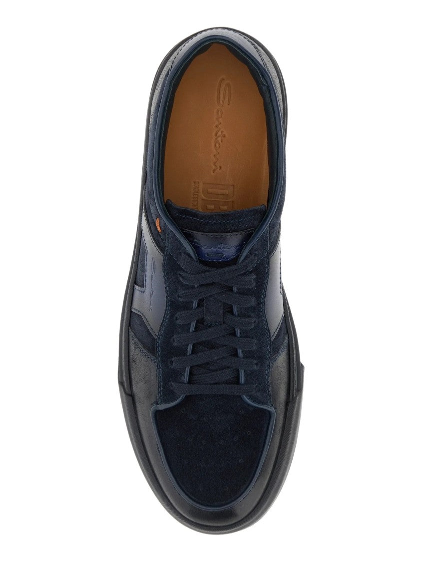 Santoni Low-Top Leather Suede Rubber Sole Sneakers
