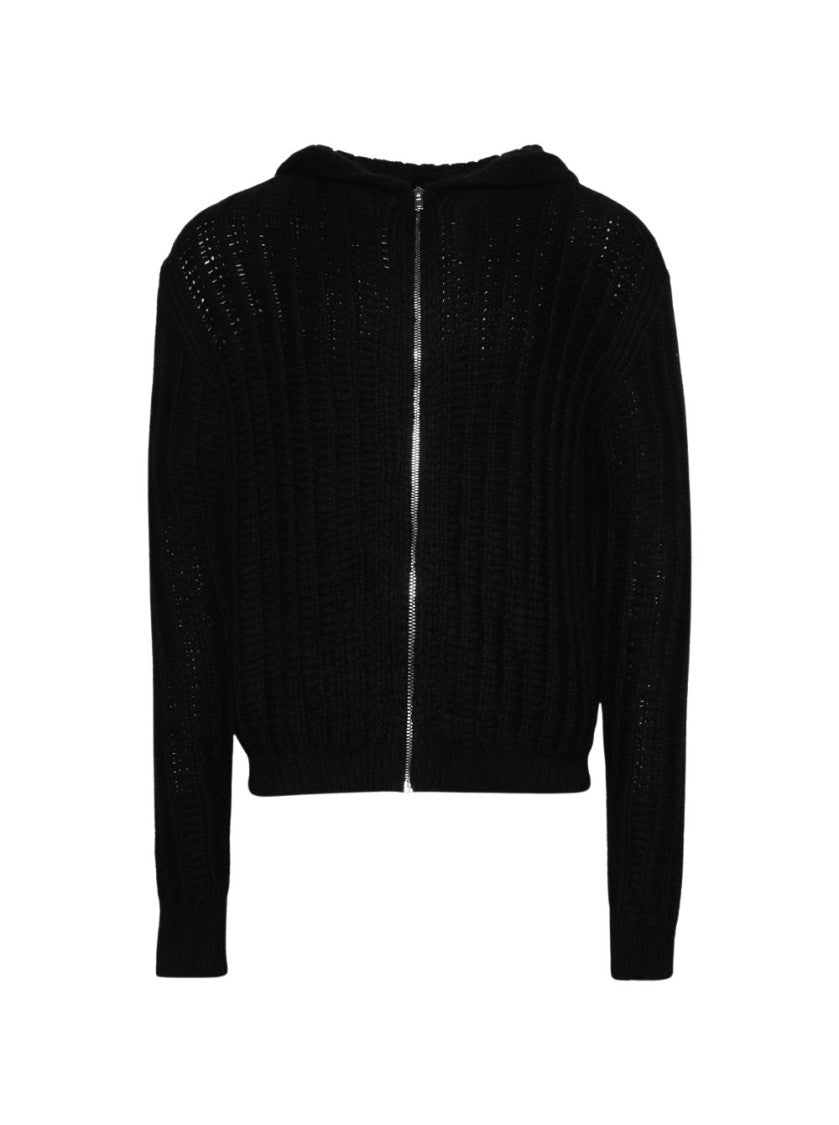 Rick Owens Textured Black Zipped Hoodie With Garter Stitch Detail