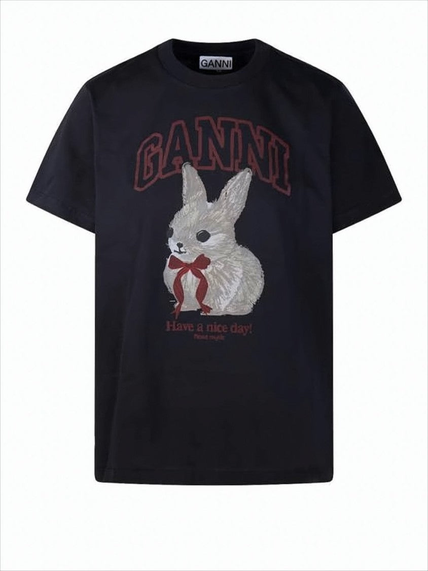 Ganni Short-Sleeved T-Shirt With Graphic Rabbit Print