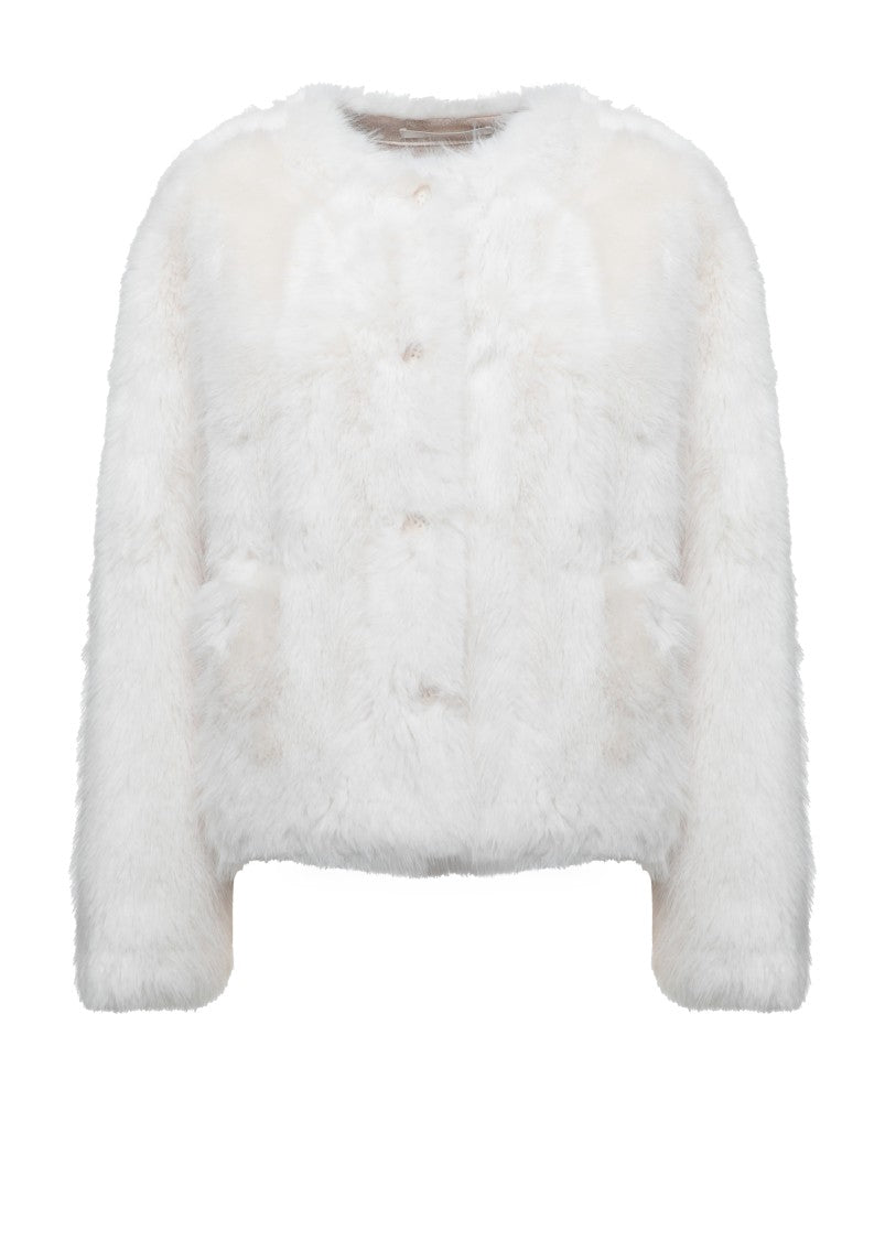 Stand Studio Cropped White Faux Fur Jacket With Plush Texture