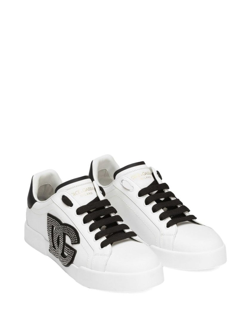 Dolce & Gabbana Low-Top Leather Sneakers With Rhinestone Logo Accents