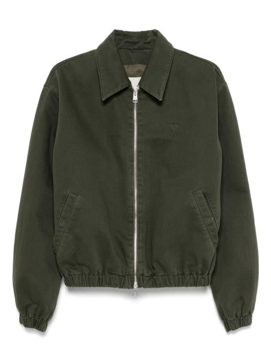 Ami Paris Cropped Green Bomber Jacket With Minimalist Design