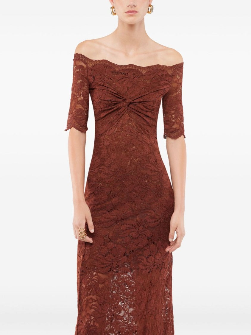 Rabanne Off-The-Shoulder Brown Midi Dress With Twisted Knot Detail