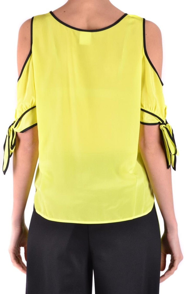 Pinko Cold-Shoulder Yellow Silk Top With Bow-Tied Sleeves