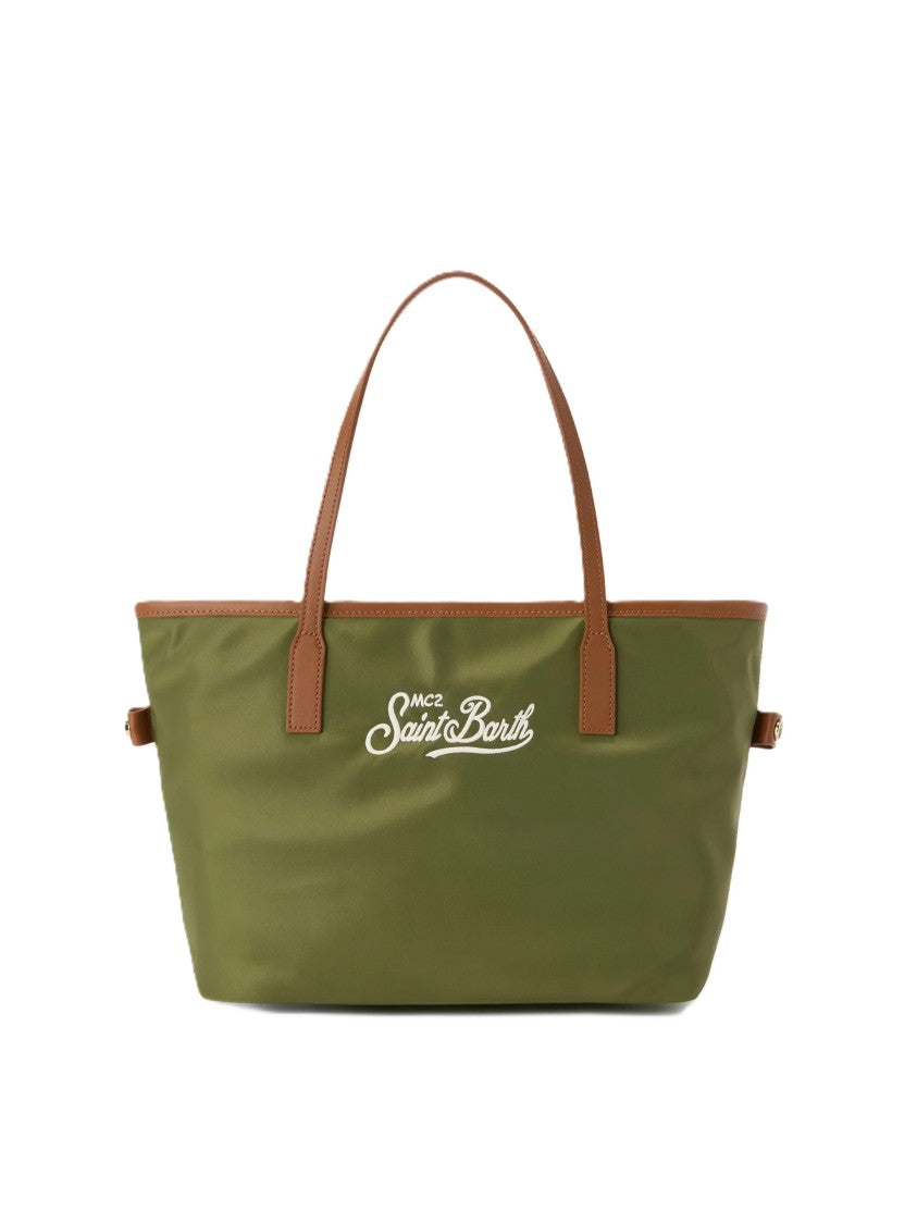 Mc2 Saint Barth Mid-Sized Nylon Shoulder Bag With Logo Print And Zip Closure