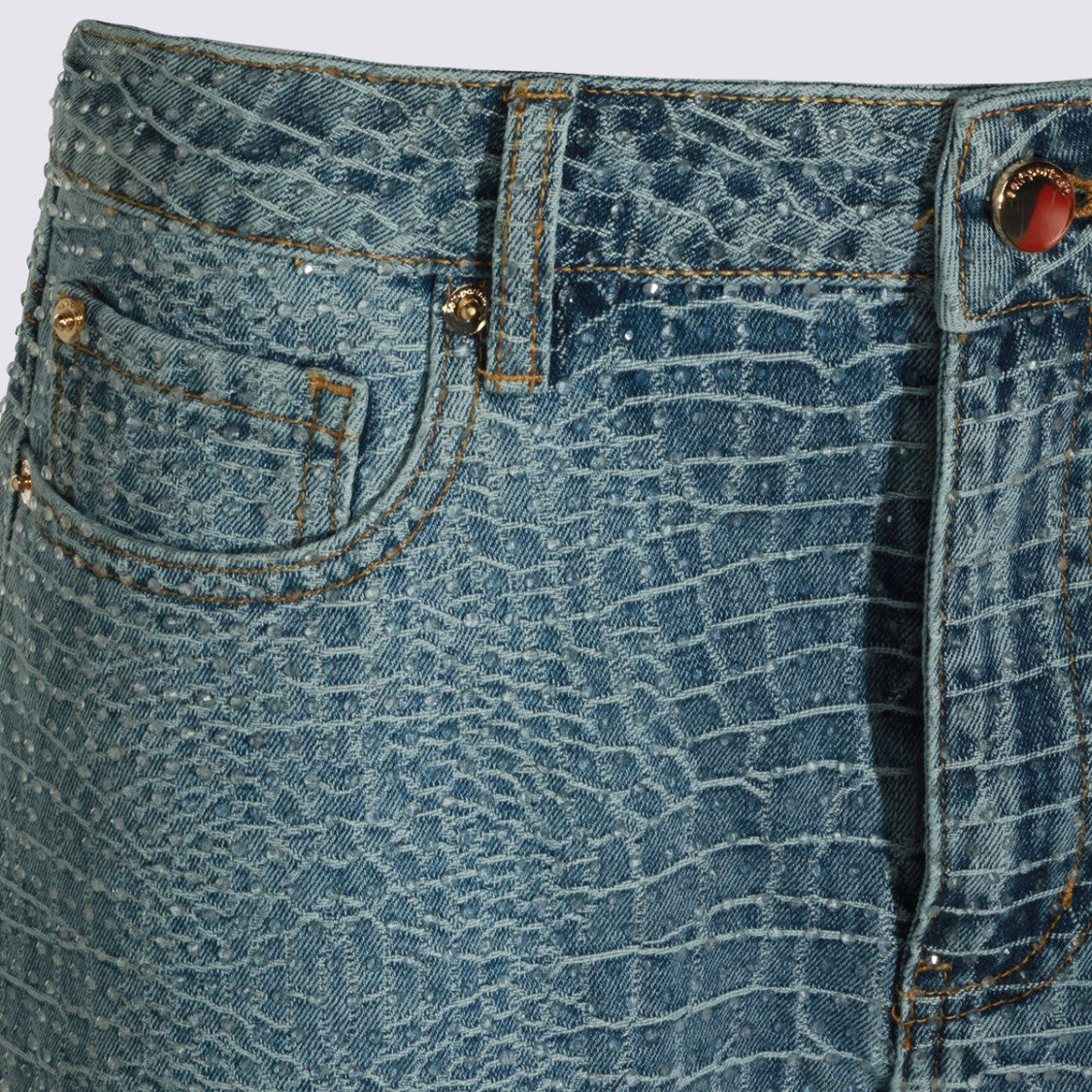 Self-Portrait Textured Denim Shorts With Crocodile Skin Pattern