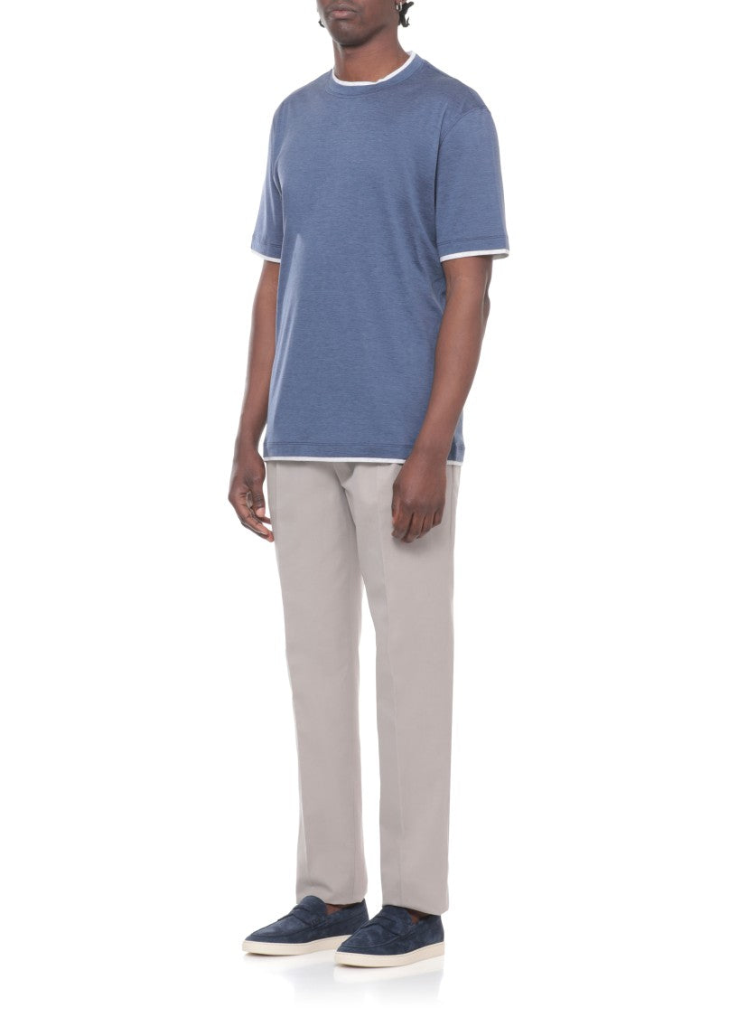 Brunello Cucinelli Blue Contrasting Trims Silk-Blend T-Shirt