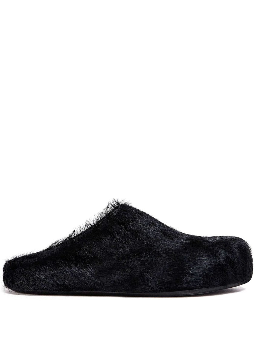 Marni Black Calf Hair Round Toe Slip-On Mules